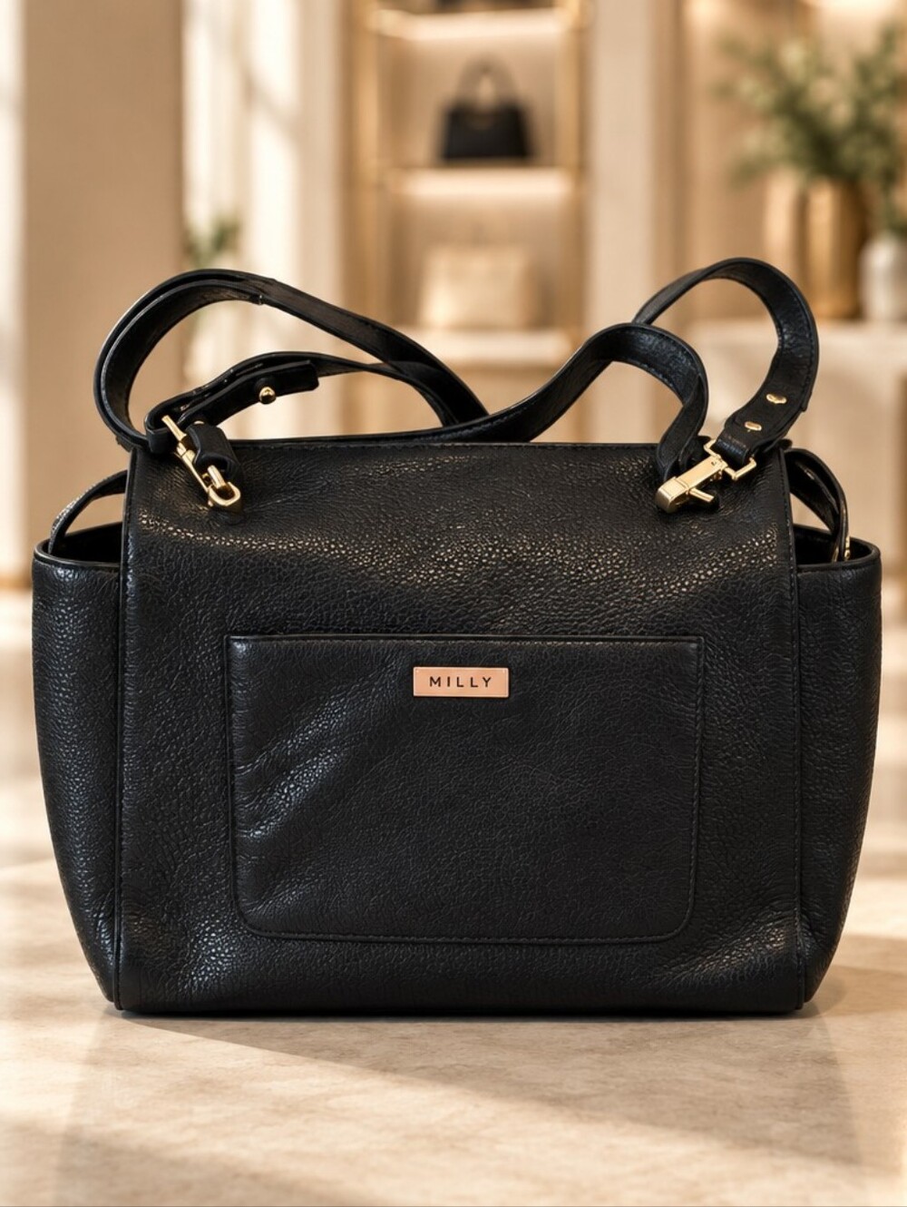 Milly Black Leather Shoulder Tote with Gold Accents Retail 415.00